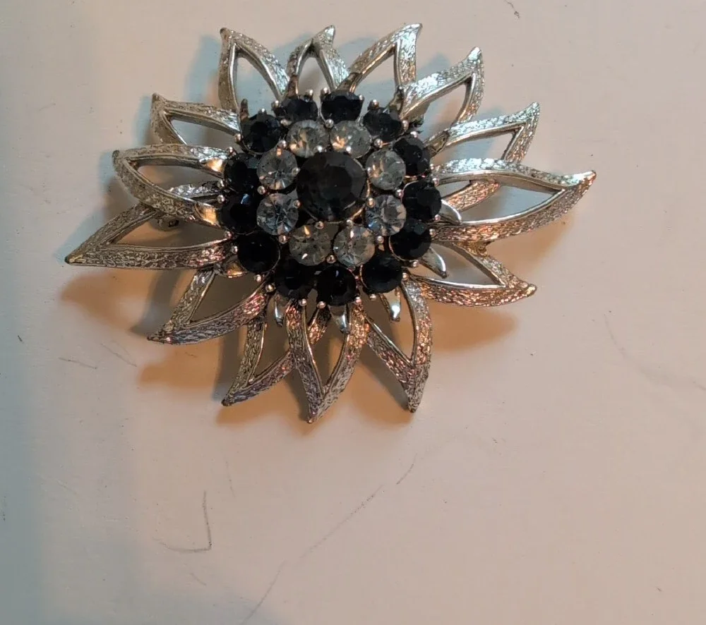 Vintage Signed Cora Silver Floral Crystal Brooch